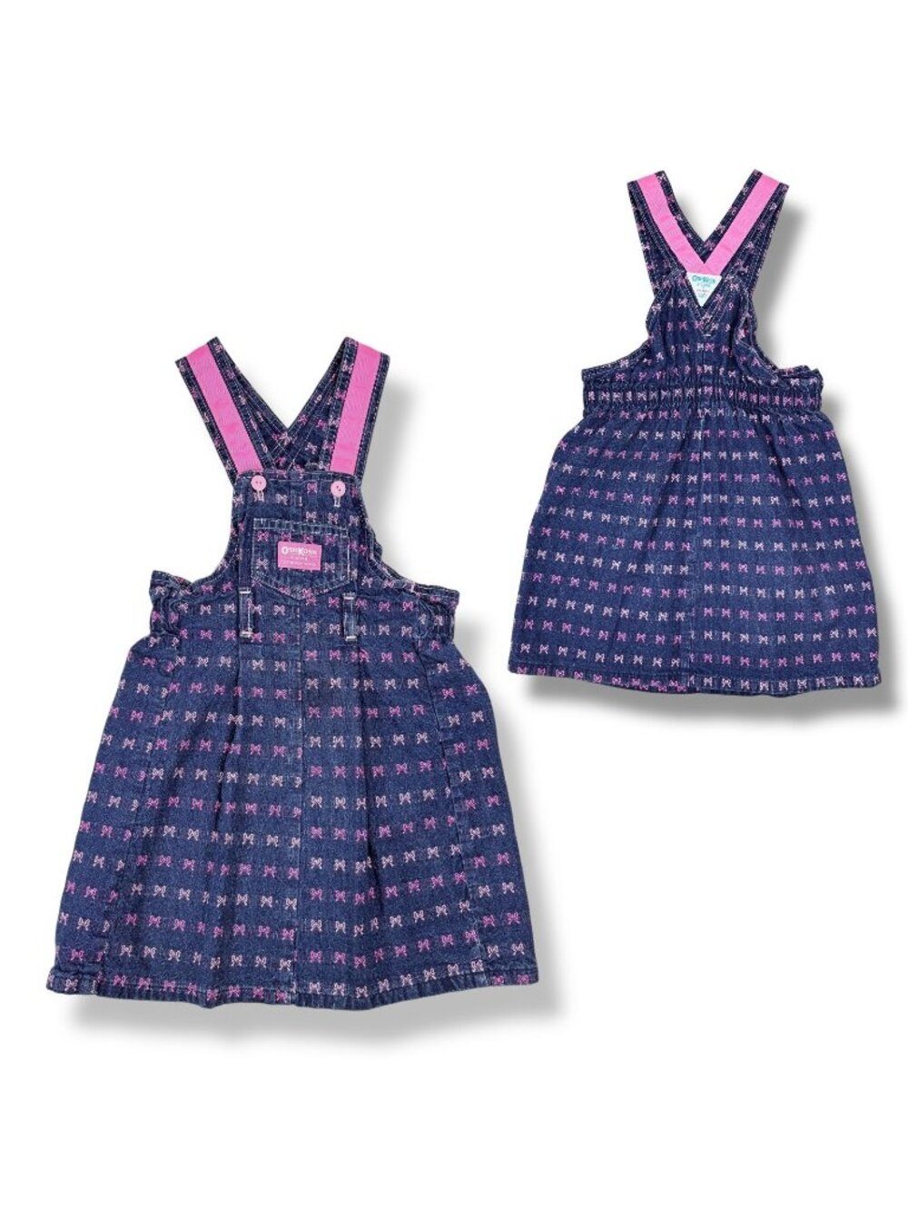 Vintage Oshkosh Girls Pink Ribbon Bow Embroidered Denim Dress 5